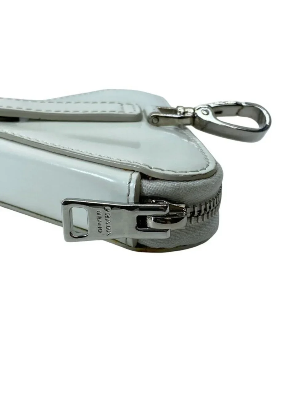 Prada Pouch Coin Purse Triangle Logo Leather White Silver Practical Daily